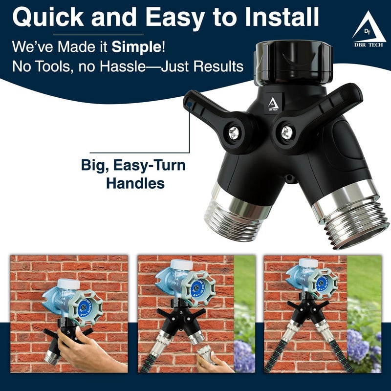 DBR Tech ® Garden Hose Splitter 2 Way Heavy Duty | Faucet Adapter with Long Handle, Outdoor Water Spigot Hose Bib Y Wye Splitter, Dual Outlet Shut Off Valve Hose Connector, Leak Free - Image 3